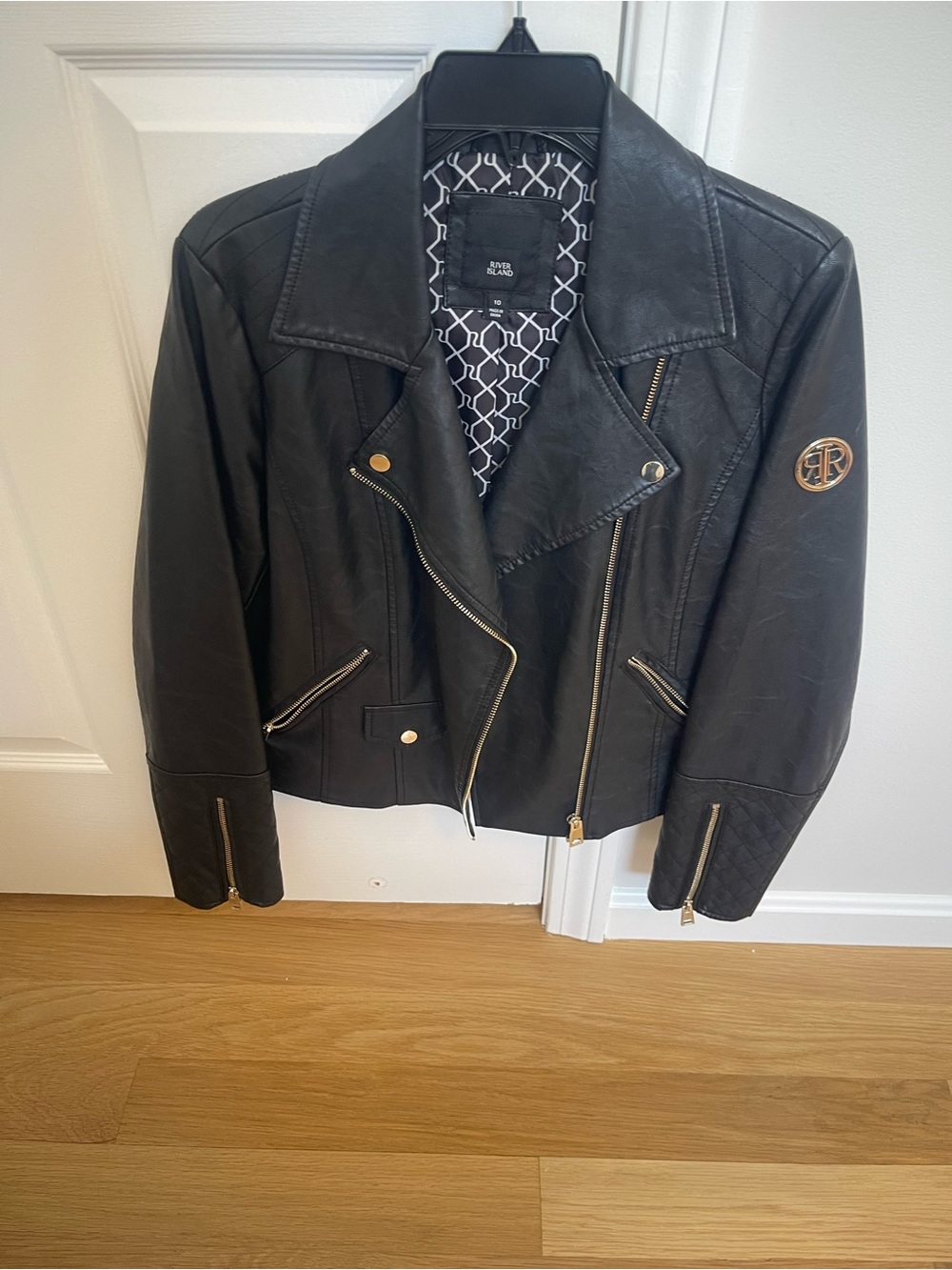 River Island Black Faux Leather Moto Jacket with Gold Hardware